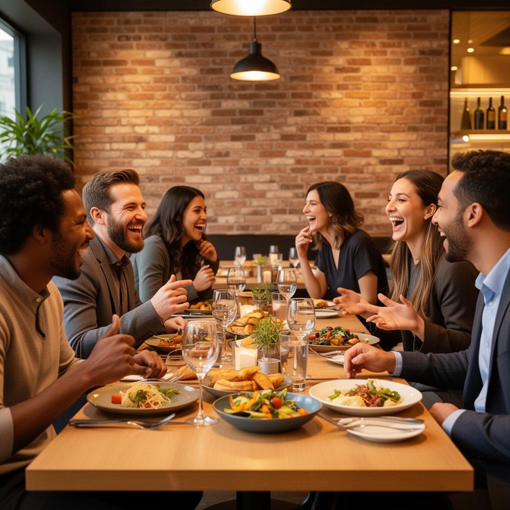 People laughing and talking around a dinner table